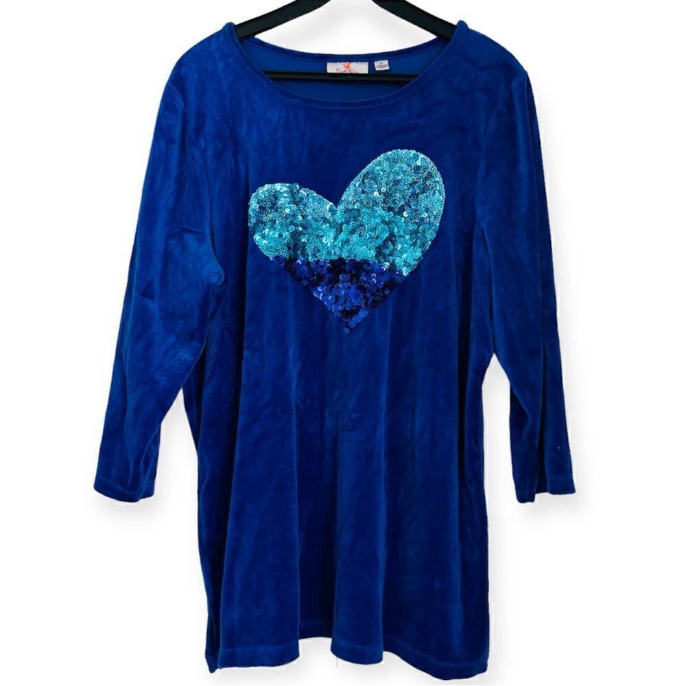 Quacker Factory Blue Velvet Heart Sequin Tunic Blouse Size 1X
